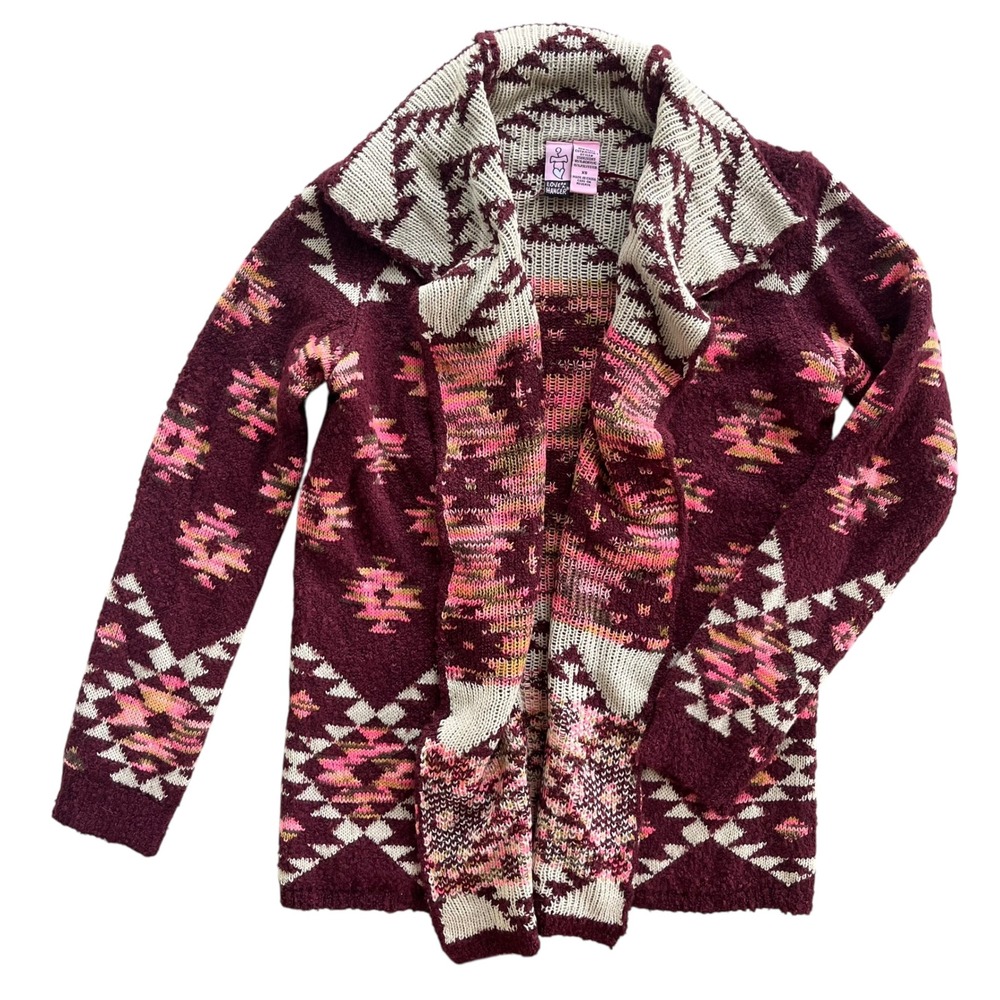 Love on a Hanger Women's XS Burgundy Pink, Aztec Southwestern Boho Knit Cardigan